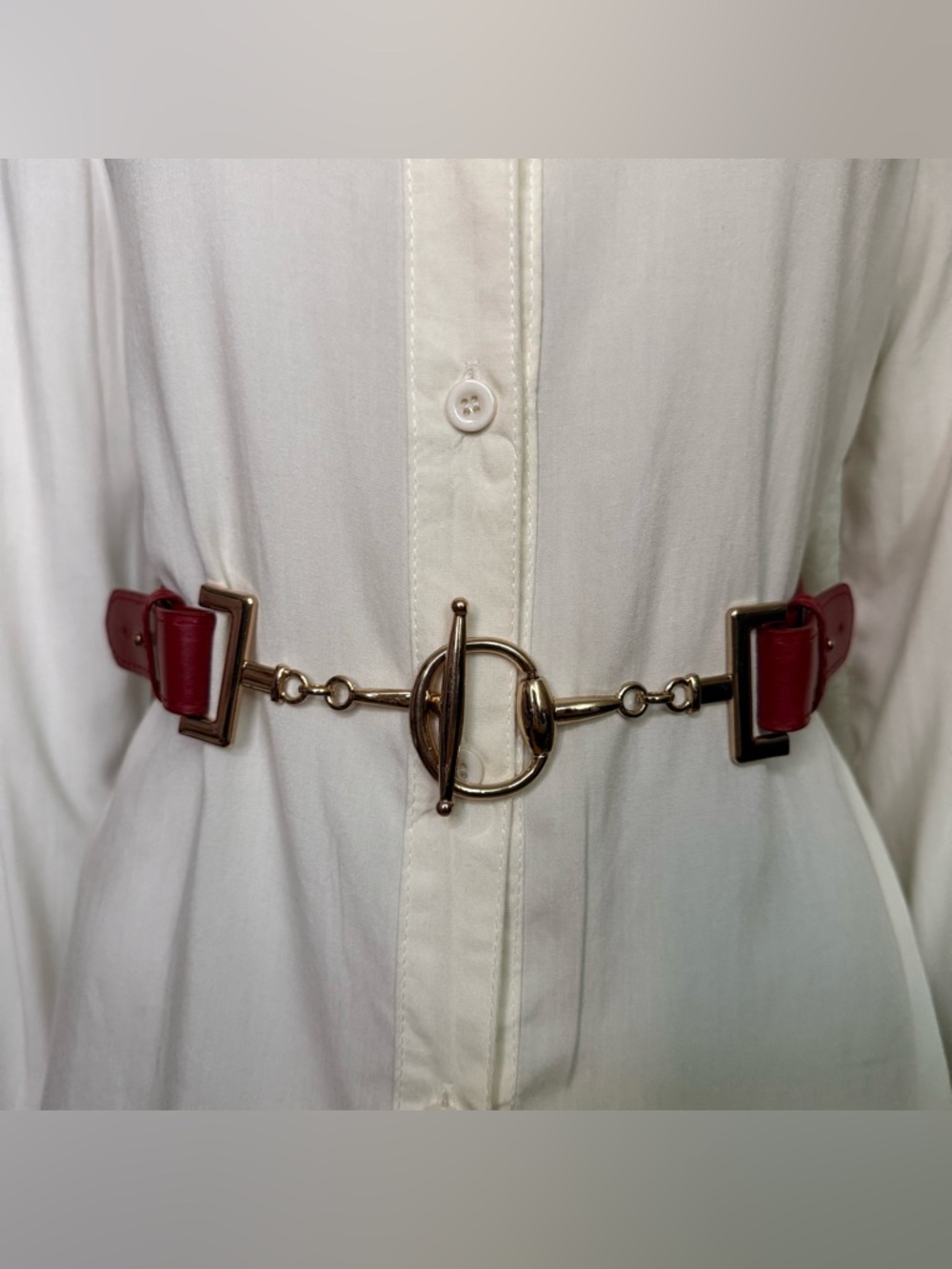 Burgundy braided PU leather elastic waistband skinny belt with gold tone buckle